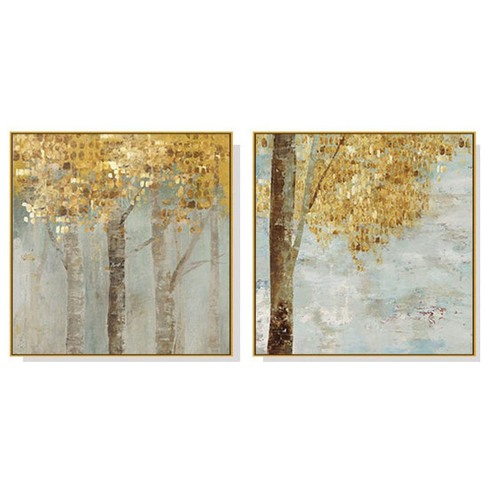 70cmx70cm Golden Leaves 2 Sets Gold Frame Canvas Wall Art