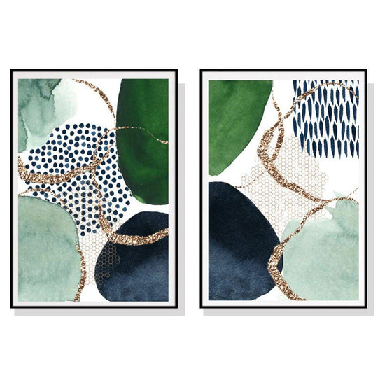 Wall Art 70cmx100cm Abstract Green and Navy 2 Sets Black Frame Canvas