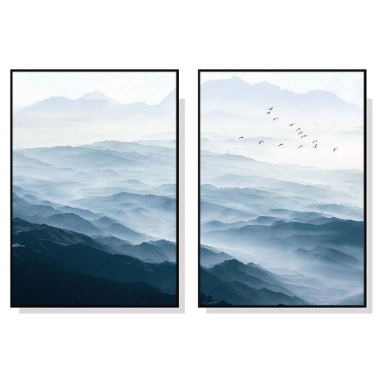 Wall Art 70cmx100cm Blue mountains 2 Sets Black Frame Canvas