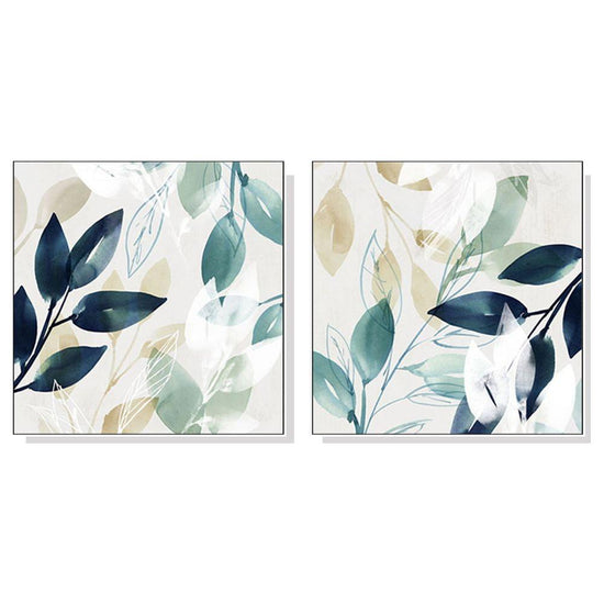 Wall Art 40cmx40cm Watercolour style leaves 2 Sets White Frame Canvas