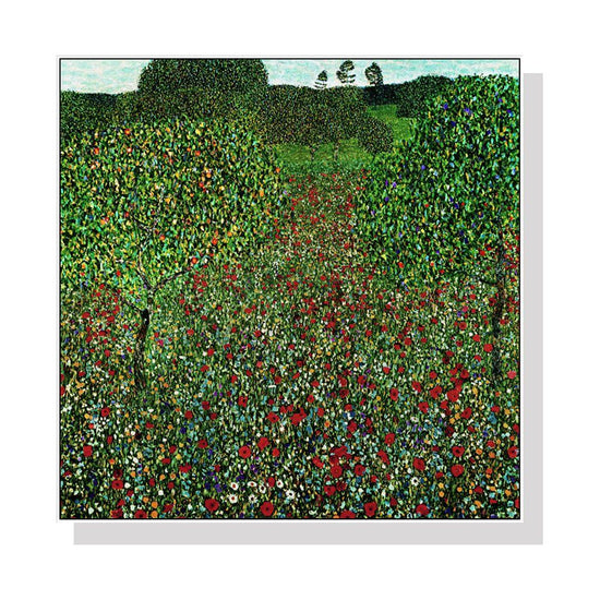 Wall Art 90cmx90cm Field of Poppies by Gustav Klimt White Frame Canvas