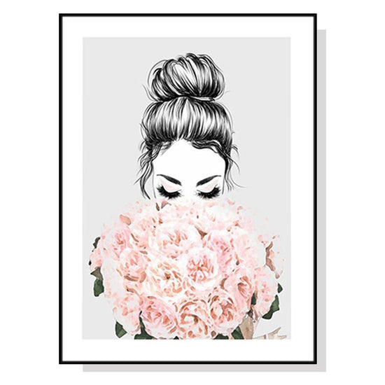 Wall Art 40cmx60cm Roses Girl Black Frame Canvas