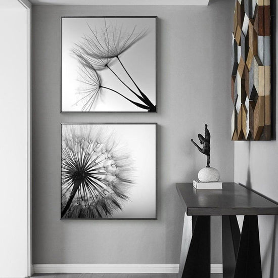 Wall Art 40cmx40cm Black and white dandelion 2 Sets Black Frame Canvas