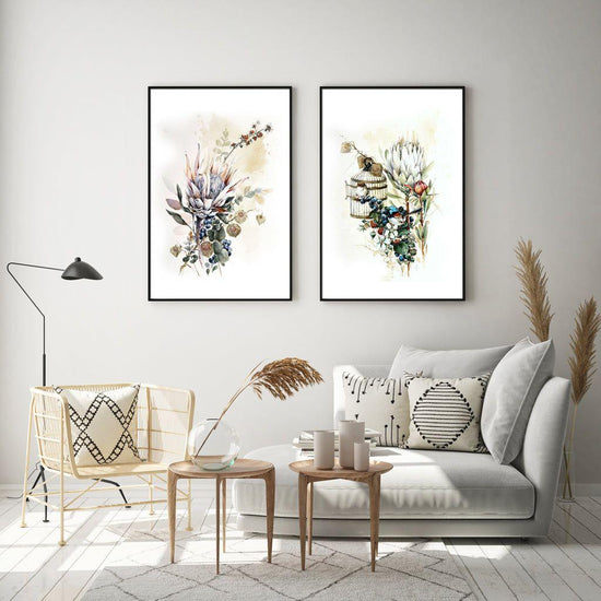 Wall Art 60cmx90cm Berries And Protea 2 Sets Black Frame Canvas