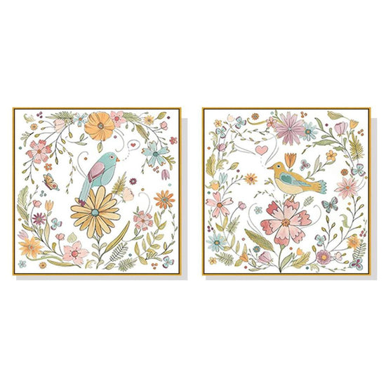 Wall Art 100cmx100cm Floral birds 2 Sets Gold Frame Canvas