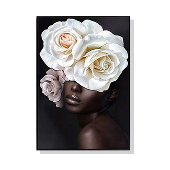 Wall Art 40cmx60cm Flower African Woman Black Frame Canvas