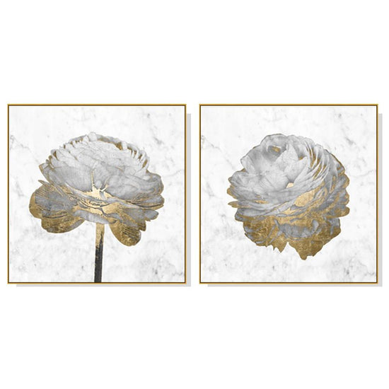 Wall Art 90cmx90cm Gold And White Blossom On White 2 Sets Gold Frame Canvas