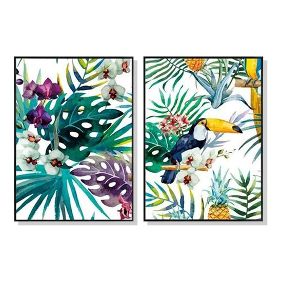 Wall Art 90cmx135cm Toucan and orchid 2 Sets Black Frame Canvas