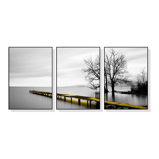 Wall Art 70cmx100cm Calm Lake Bridge Tree Scene 3 Sets Black Frame Canvas