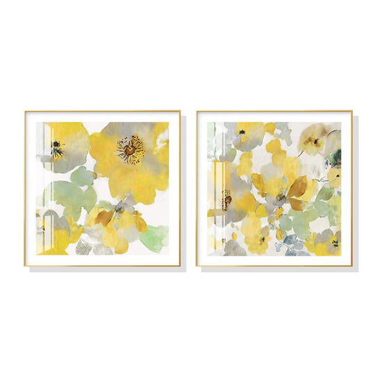 Wall Art 90cmx90cm Yellow Flowers American Style 2 Sets Gold Frame Canvas