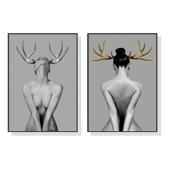 Wall Art 90cmx135cm Girl With Gold Horn 2 Sets Black Frame Canvas