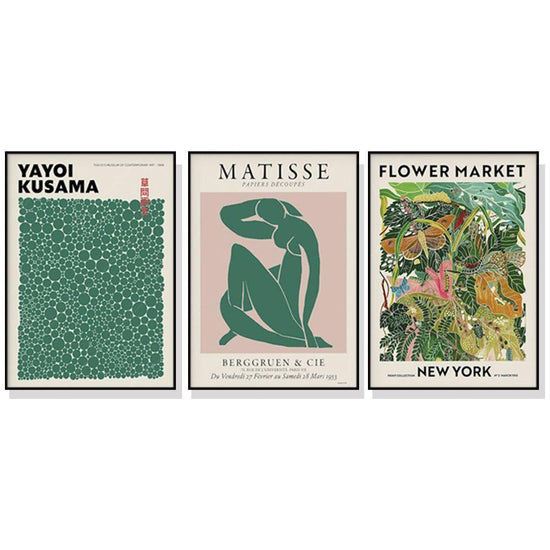 Wall Art 80cmx120cm Flower Market, Matisse Print, Yayoi Kusama 3 Sets Black Frame Canvas