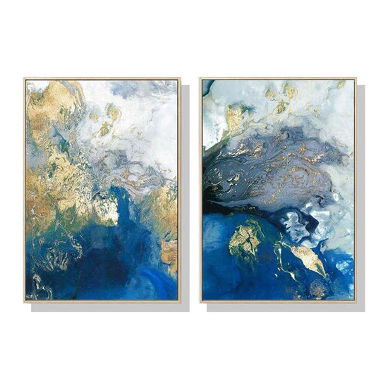 Wall Art 40cmx60cm  Marbled Blue And Gold 2 Sets Gold Frame Canvas