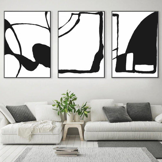 Wall Art 80cmx120cm Black and White 3 Sets Black Frame Canvas