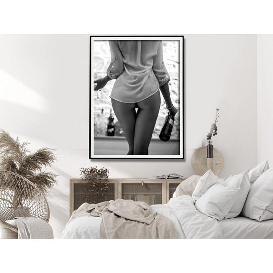 Wall Art 80cmx120cm Woman Drinking Wine , Black and White, Black Frame Canvas