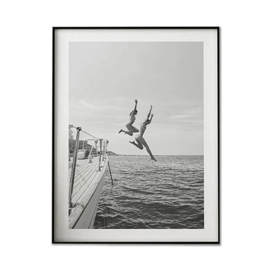 Wall Art 30cmx40cm Black and White Ocean Jump, Black Frame Canvas