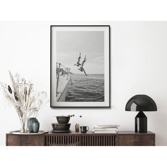 Wall Art 30cmx40cm Black and White Ocean Jump, Black Frame Canvas