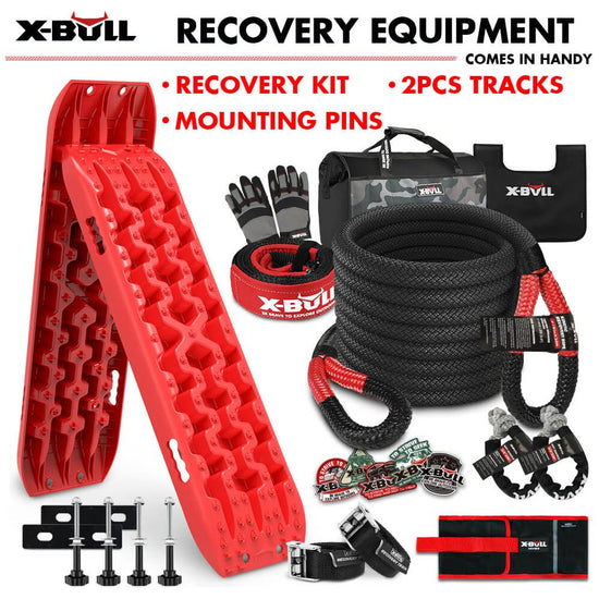 X-BULL 4X4 Recovery Kit Kinetic Recovery Rope Snatch Strap / 2PCS Recovery Tracks 4WD Mounting Pins Gen3.0 Red