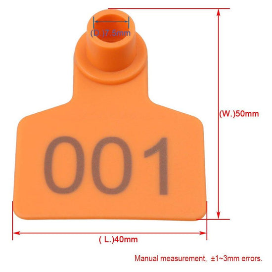 1-100 Cattle Number Ear Tags 5x4cm Set - Small Orange Pig Goat Livestock Label