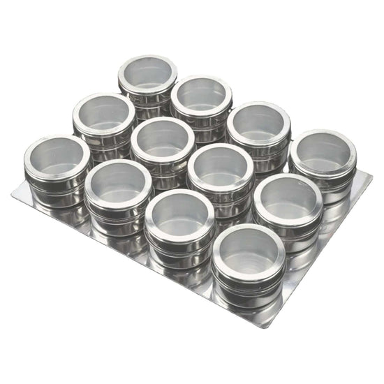 12 Magnetic Spice Jar Tins and Steel Plate - 150g Seasoning Storage Containers