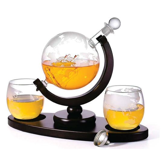 850ml Whiskey or Wine Globe Glass Decanter Set - 2x Glasses + Wooden Stand