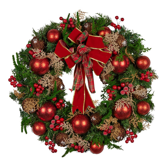 Christabelle 56cm Christmas Wreath Lush Green Holiday Door Wreath with Red Berries, Baubles & Pine Cones Pre-Decorated Festive Wall or Front Door Decoration