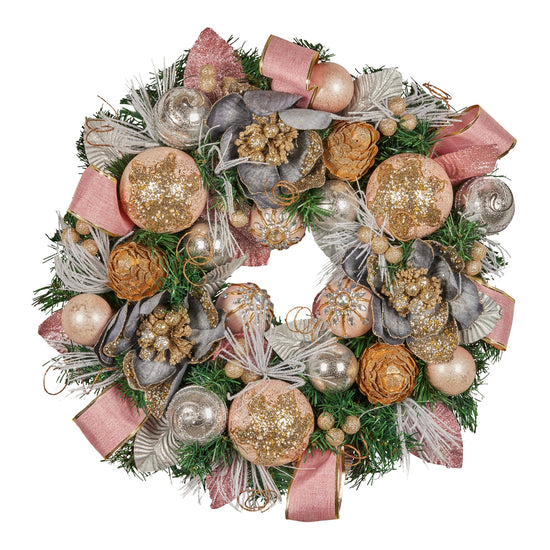 Christabelle 56cm Christmas Wreath Lush Green Holiday Door Wreath w/Jewelled Baubles, Foliage, Flowers, Pine Cones, Ribb