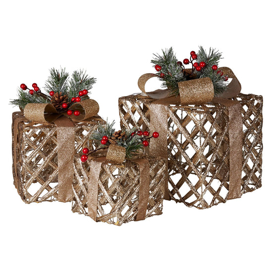 Swishmas Set of 3 Christmas Gift Boxes Display With Lights in Champagne and Gold