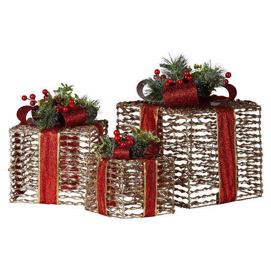 Swishmas Set Of 3 Christmas Gift Boxes With Lights - Champagne With Red Bows