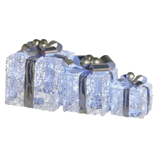 Swishmas Set Of 3 Christmas Gift Boxes With Lights With Jewelled Wire And Silver Bows