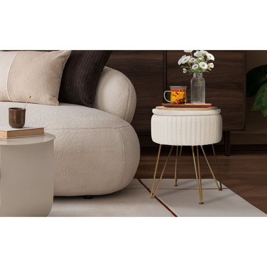 Side Table Storage Ottoman - Velvet Padded Stool Vanity Footstool REMY CREAM BEIGE