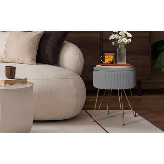 Side Table Storage Ottoman - Velvet Padded Stool Vanity Footstool REMY GREY