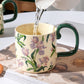 2X High-Fired Ceramic Porcelain Mug Set with Lid 400ml Vintage Floral Tea Spoon GREEN