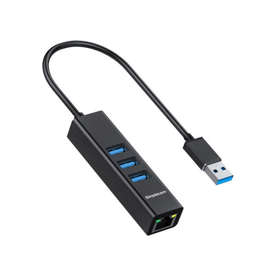 Simplecom CHN420 Aluminium 3 Port SuperSpeed USB HUB with Gigabit Ethernet Adapter Black