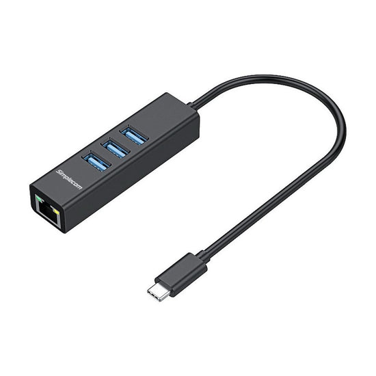 Simplecom CHN421 Aluminium USB-C to 3 Port USB HUB with Gigabit Ethernet Adapter Black