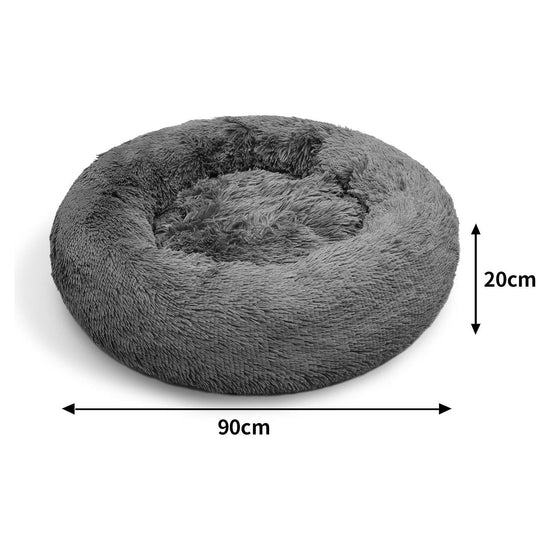 Dog Pet Cat Calming Bed Warm Plush Round  Nest Comfy Sleeping Bed Dark Grey 90cm