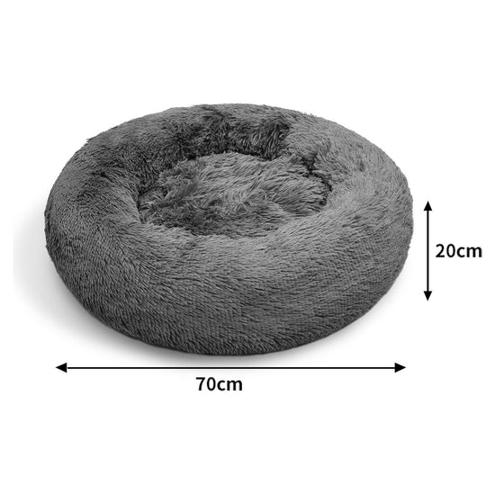 Dog Pet Cat Calming Bed Warm Plush Round Nest Comfy Sleeping Bed Dark Grey 70cm