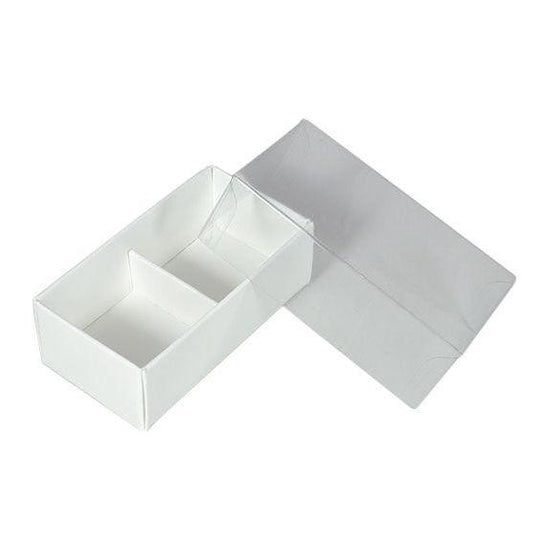 100 Pack of White Card Chocolate Sweet Soap Product Reatail Gift Box - 2 Bay Compartments - Clear Slide On Lid - 8x4x3cm