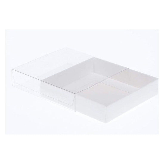 100 Pack of 10cm Square Invitation Coaster Favor Function product Presentation Cookie Biscuit Patisserie Gift Box - 4cm deep - White Card with Clear Slide On PVC Lid