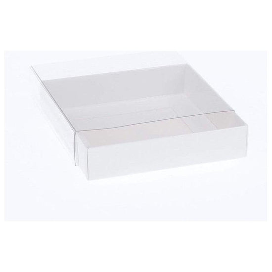 100 Pack of 15cm Square Invitation Coaster Favor Function product Presentation Cookie Biscuit Patisserie Gift Box - 4cm deep - White Card with Clear Slide On PVC Lid