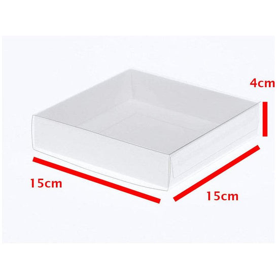 100 Pack of 15cm Square Invitation Coaster Favor Function product Presentation Cookie Biscuit Patisserie Gift Box - 4cm deep - White Card with Clear Slide On PVC Lid