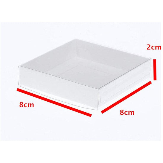 100 Pack of 8cm Square Wedding Invitation Coaster Favor Function product Presentation Cookie Biscuit Patisserie Gift Box - 2cm deep - White Card with Clear Slide On PVC Lid