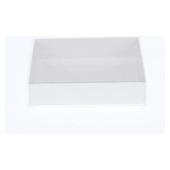 100 Pack of White Card Box - Clear Slide On Lid - 17 x 25 x 5cm -  Large Beauty Product Gift Giving Hamper Tray Merch Fashion Cake Sweets Xmas