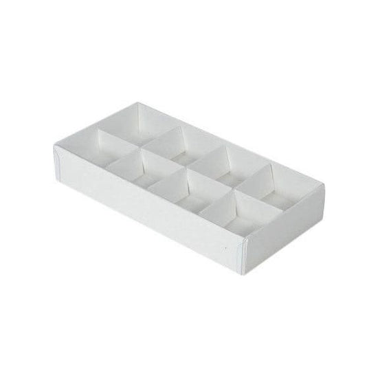 10 Pack of White Card Chocolate Sweet Soap Product Reatail Gift Box - 8 bay 3cm Compartments - Clear Slide On Lid - 16x8x3cm