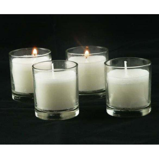 20 White Wax Clear Glass Holder Votive Candle - Wedding Event Centrepiece Table Decoration