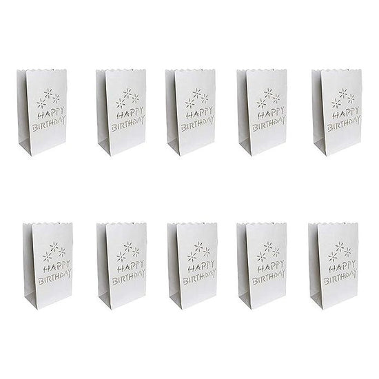 50 Pack White Happy Birthday Luminary Paper Candle Tea Light Lantern Bags Garden Anniversary Birthday Night Decorations Evening Party