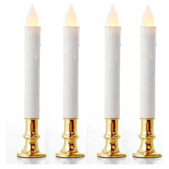 10 Pack Taper Stick White Battery Candle - Natural Flame Light Colour No Flicker - Gold Stand Base