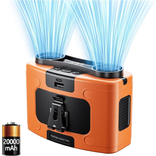 20000mAh Outdoor Portable Waist Fan Hanging Neck Fan Strong Wind with Power Bank LED Lighting for Sports Courier Outdoor Working (Orange)