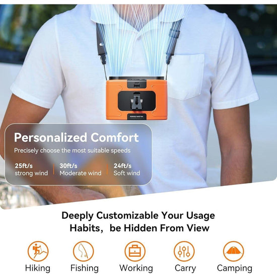 20000mAh Outdoor Portable Waist Fan Hanging Neck Fan Strong Wind with Power Bank LED Lighting for Sports Courier Outdoor Working (Orange)