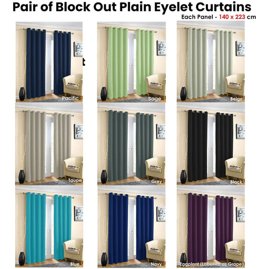 Pair of Blockout Plain Eyelet Curtains Sage